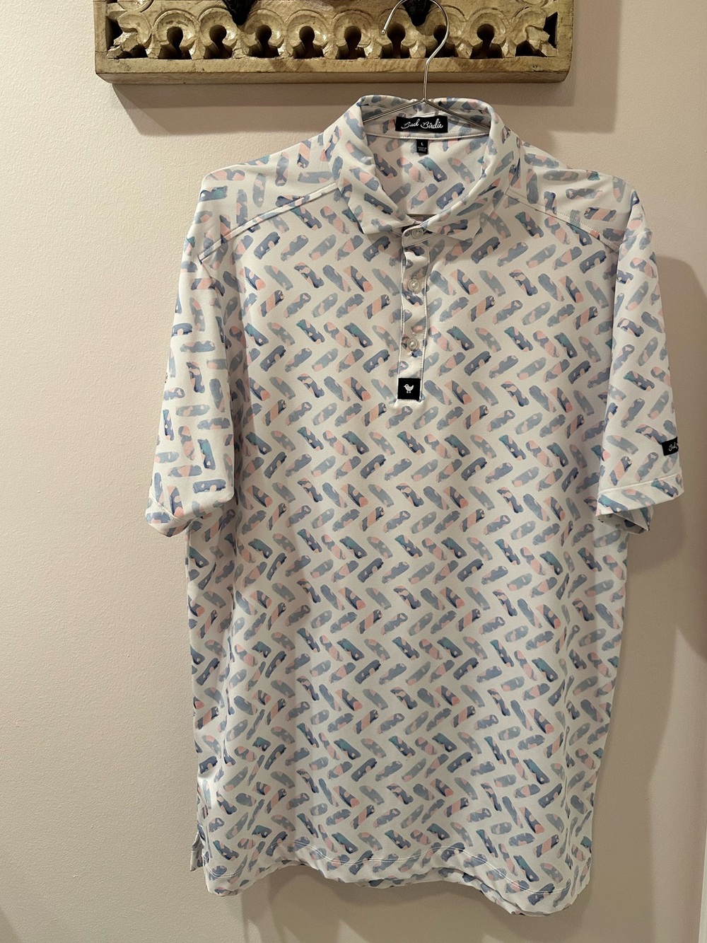 Bad Birdie Core Performance White Polo with Blue and Pink Pattern